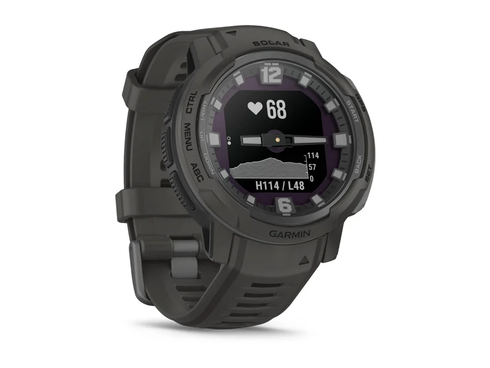 Garmin Instinct Crossover Solar, графитовый, графитовый силиконовый ремешок — вид сбоку
