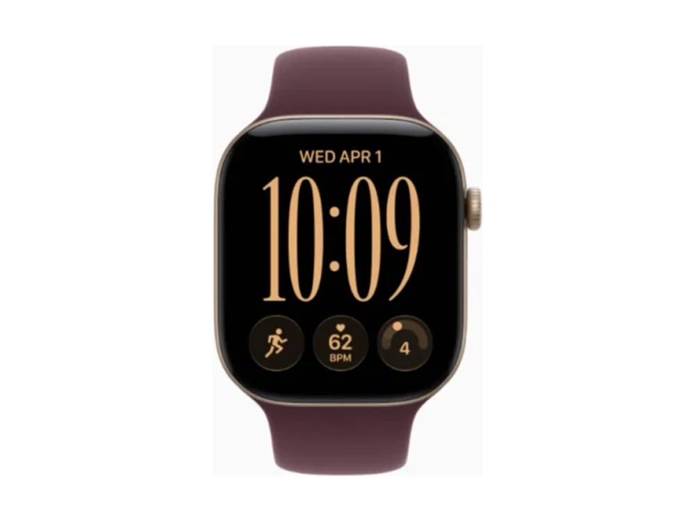 Apple Watch Series 12 GPS 46 мм Алюминий Светлое золото (Light Gold) с Бордовый спортивный ремешок (Burgundy Sport Band) — детальный вид