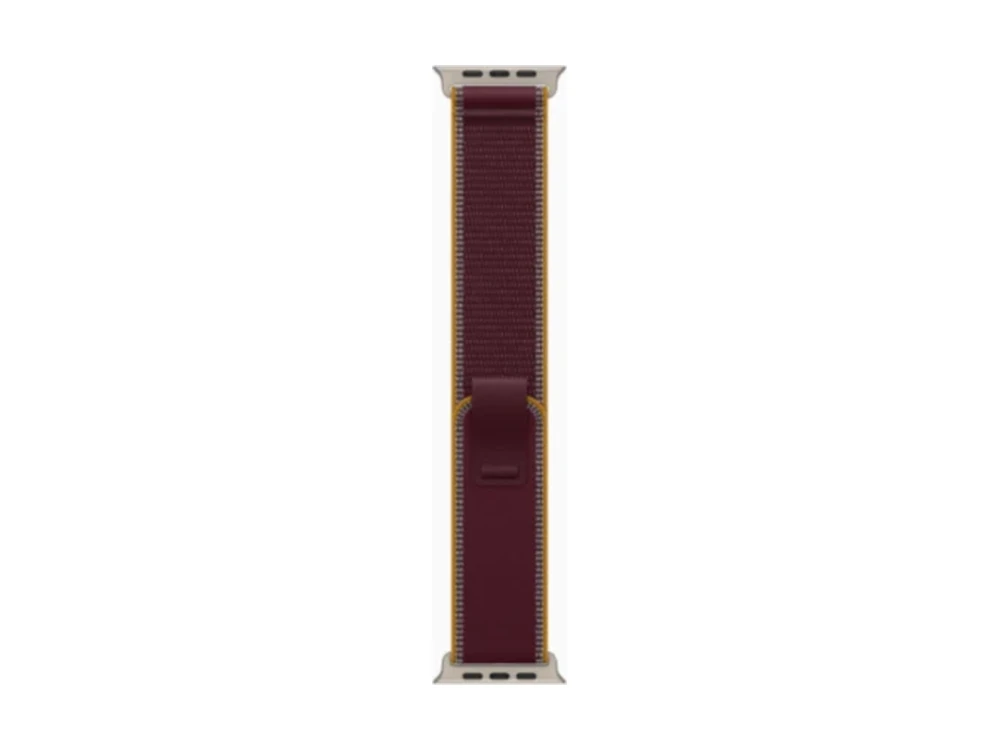 Apple Watch Ultra 4 GPS + Cellular 49 мм Натуральный титан (Natural Titanium) с ремешком Бордовый Trail Loop (Trail Loop Burgundy) — вид сбоку