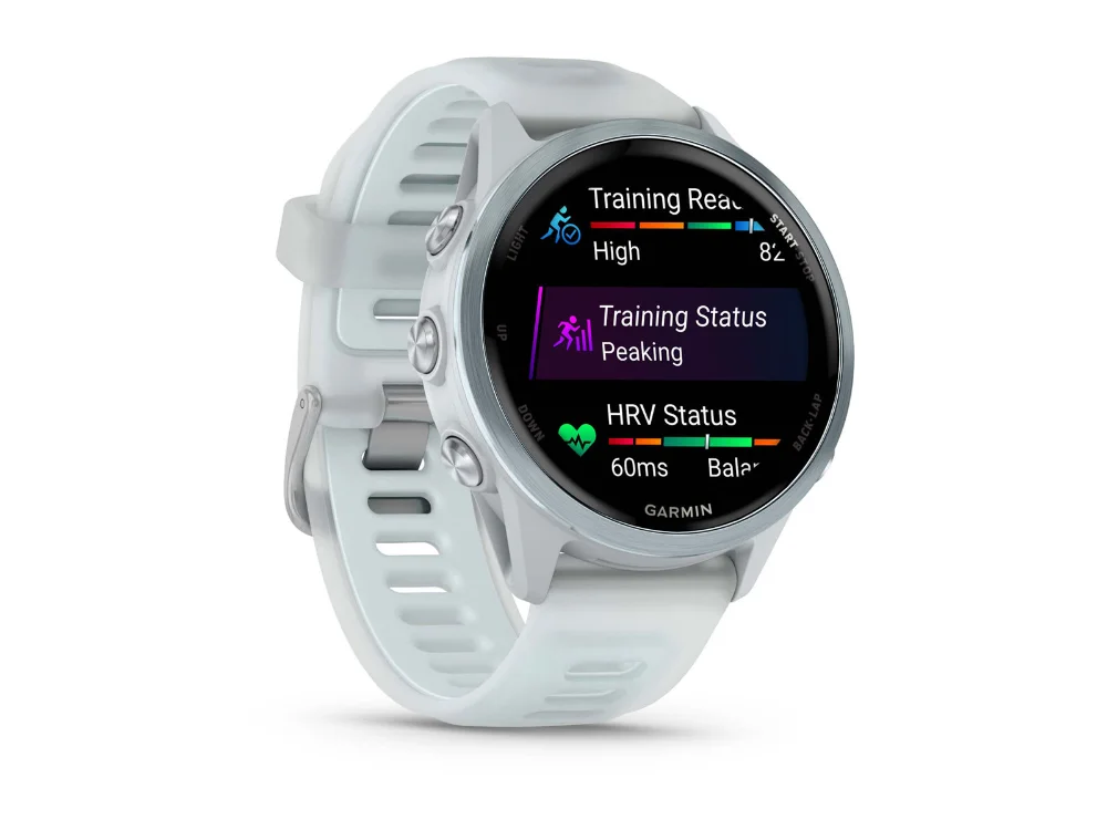 Garmin Forerunner 570 42 mm, голубой алюминий, белый/голубой силиконовый ремешок — вид сбоку
