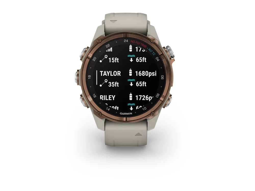 Garmin Descent Mk3i 43 mm, бронзовый титан, светло-серый силиконовый ремешок — вид спереди, другой экран