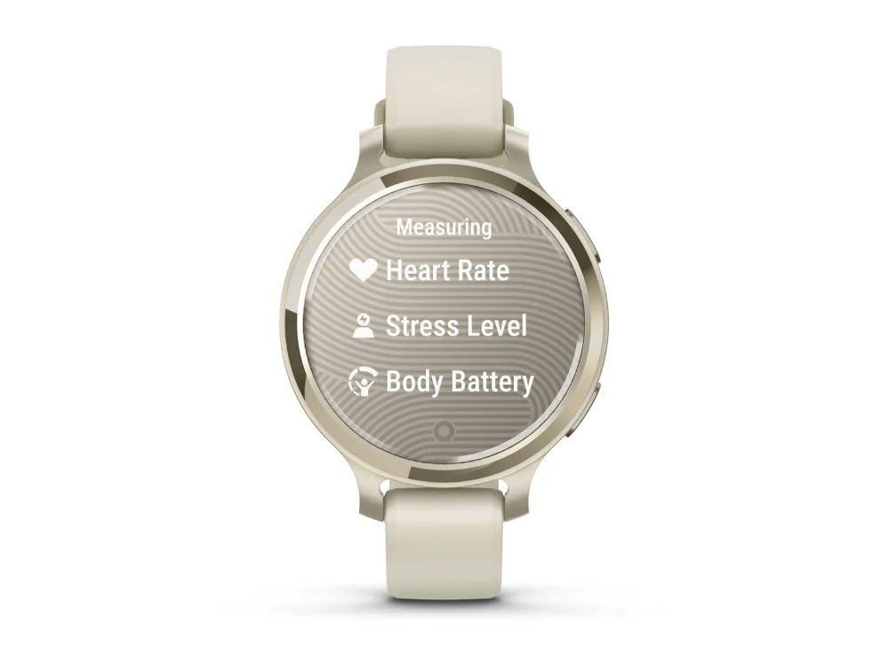 Garmin Lily 2 Active, лунное золото, бежевый силиконовый ремешок — вид спереди, другой экран