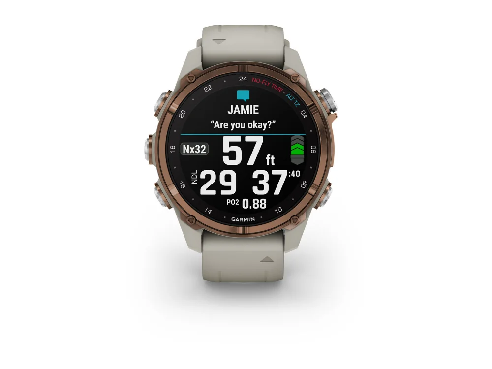 Garmin Descent Mk3i 43 mm, бронзовый титан, светло-серый силиконовый ремешок — вид спереди