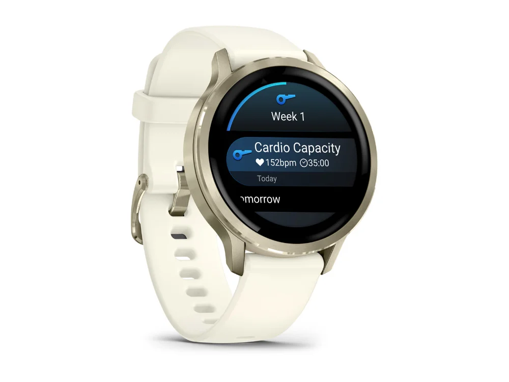 Garmin Venu 4 41 mm, лунное золото, бежевый силиконовый ремешок — вид сбоку