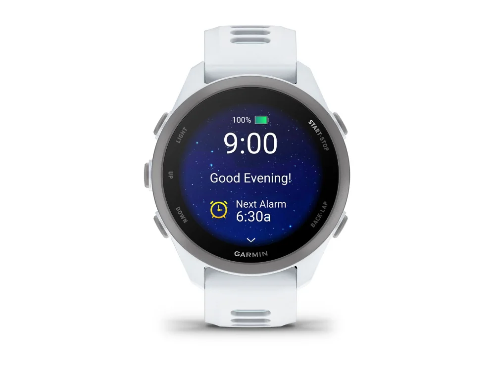 Garmin Forerunner 170, белый, белый/голубой силиконовый ремешок — вид спереди