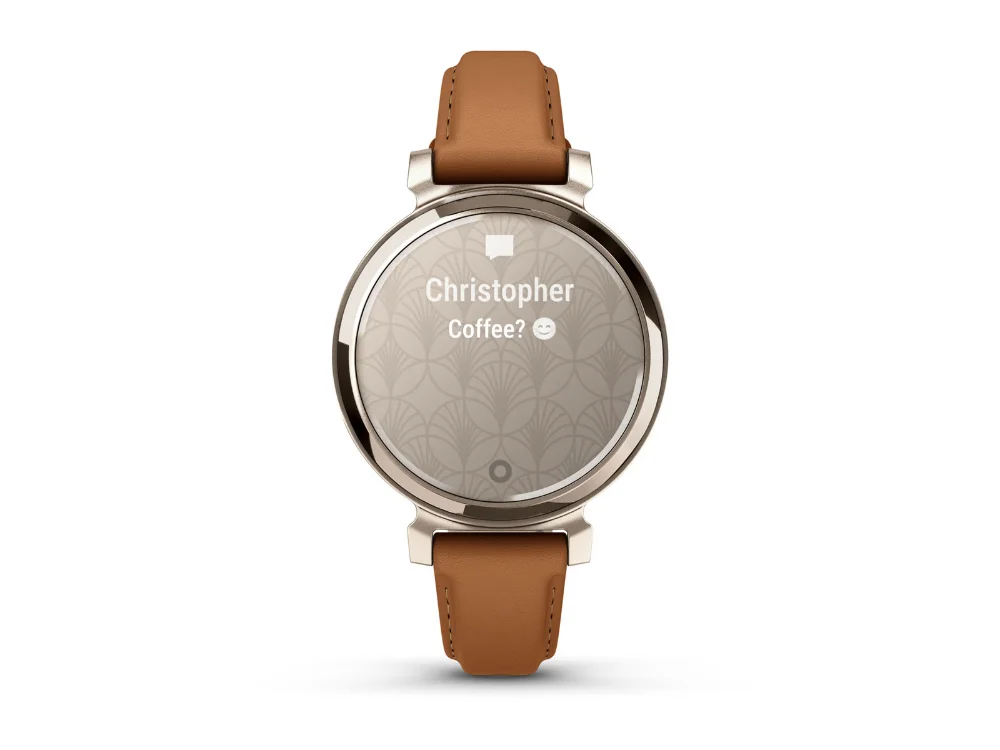 Garmin Lily 2 Classic, кремовое золото, песочный кожаный ремешок — вид спереди, другой экран