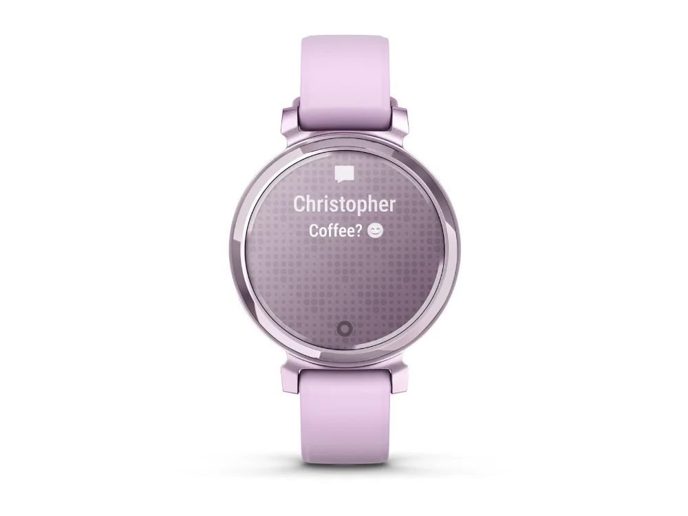 Garmin Lily 2, сиреневый металлик, сиреневый силиконовый ремешок — вид спереди, другой экран