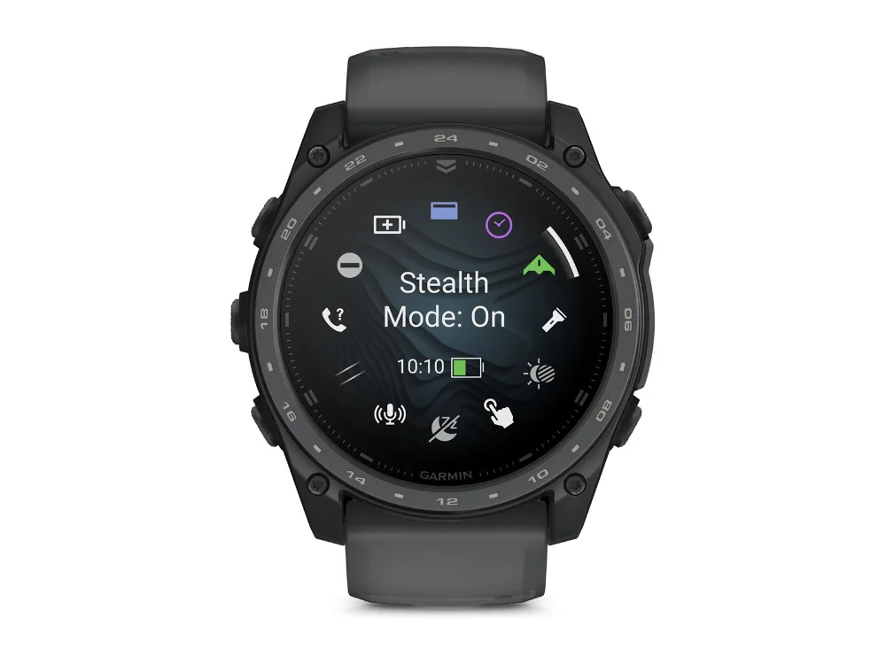 Garmin Tactix 8 AMOLED Cerakote 51 mm, серый Cerakote, двухцветный силиконовый ремешок — вид спереди, другой экран