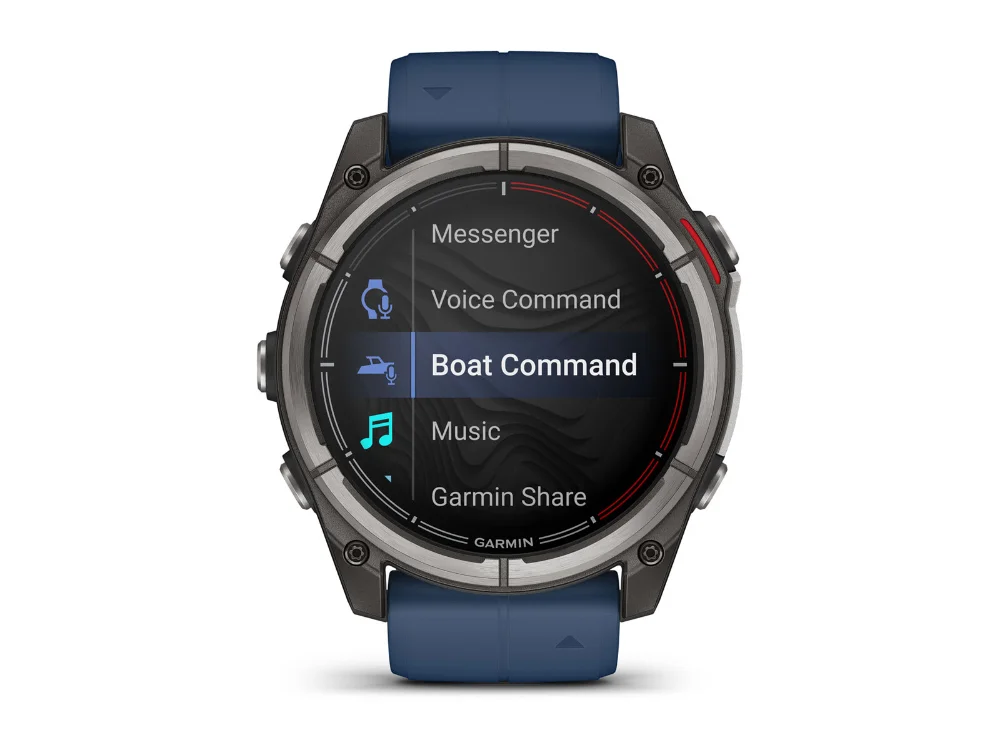 Garmin Quatix 8 AMOLED 51 mm, титан, синий силиконовый ремешок — вид спереди