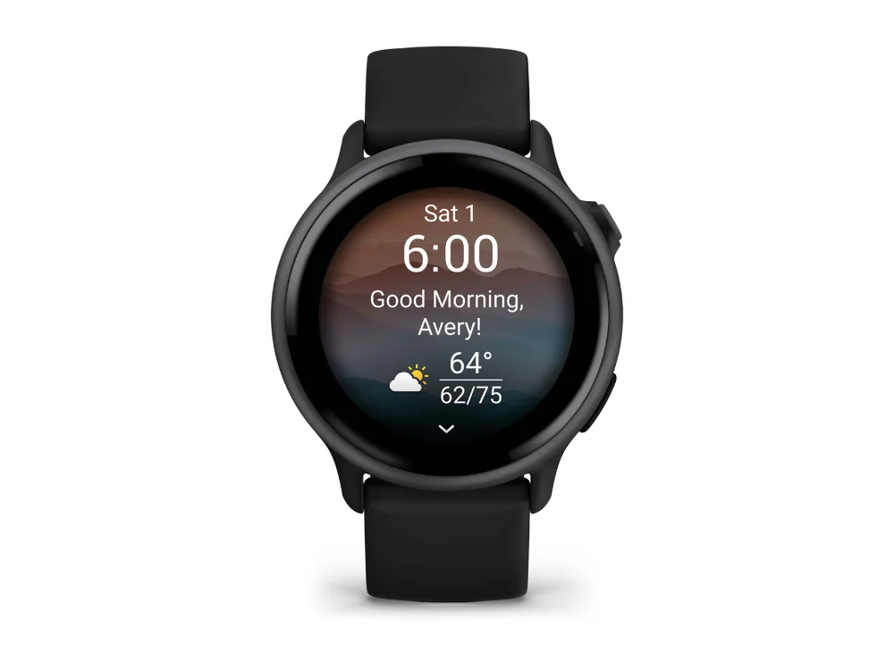 Garmin Vivoactive 6, тёмно-серый, чёрный силиконовый ремешок — вид спереди, другой экран