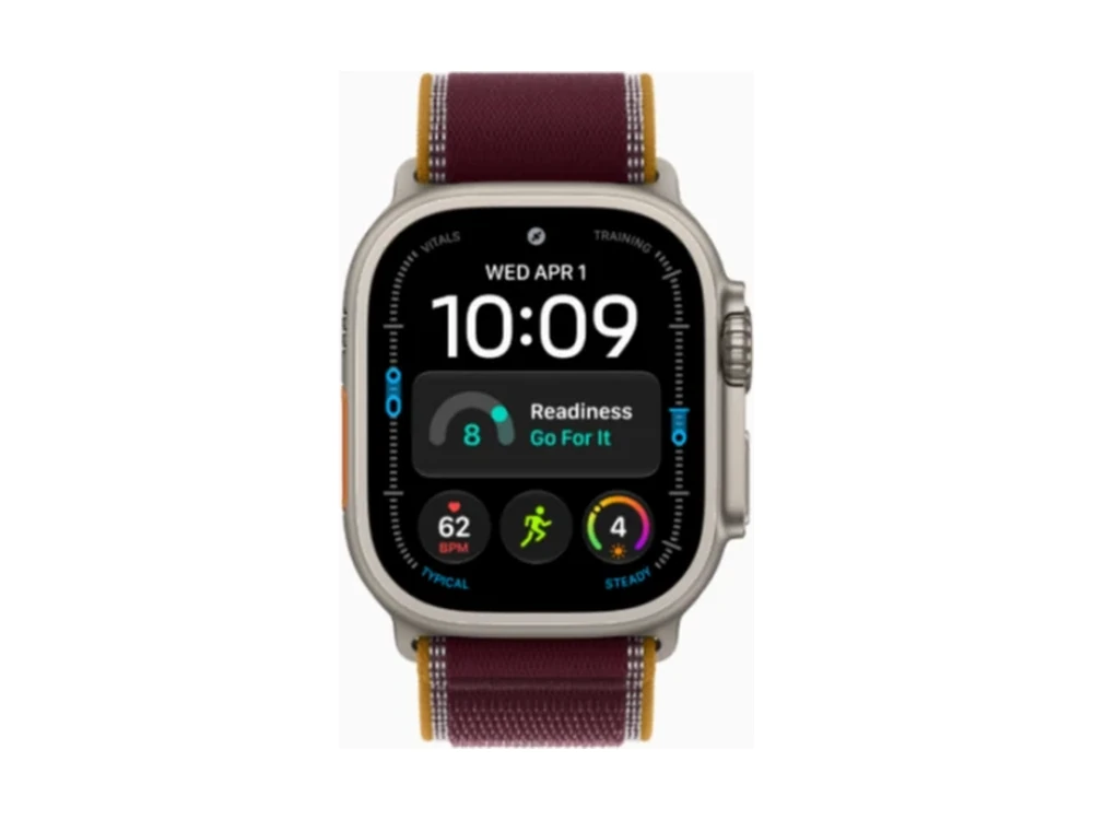 Apple Watch Ultra 4 GPS + Cellular 49 мм Натуральный титан (Natural Titanium) с ремешком Бордовый Trail Loop (Trail Loop Burgundy) — детальный вид