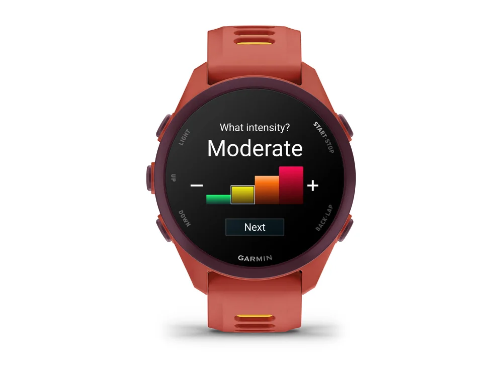 Garmin Forerunner 170 Music, красно-розовый, красно-розовый/оранжевый силиконовый ремешок — вид спереди, другой экран