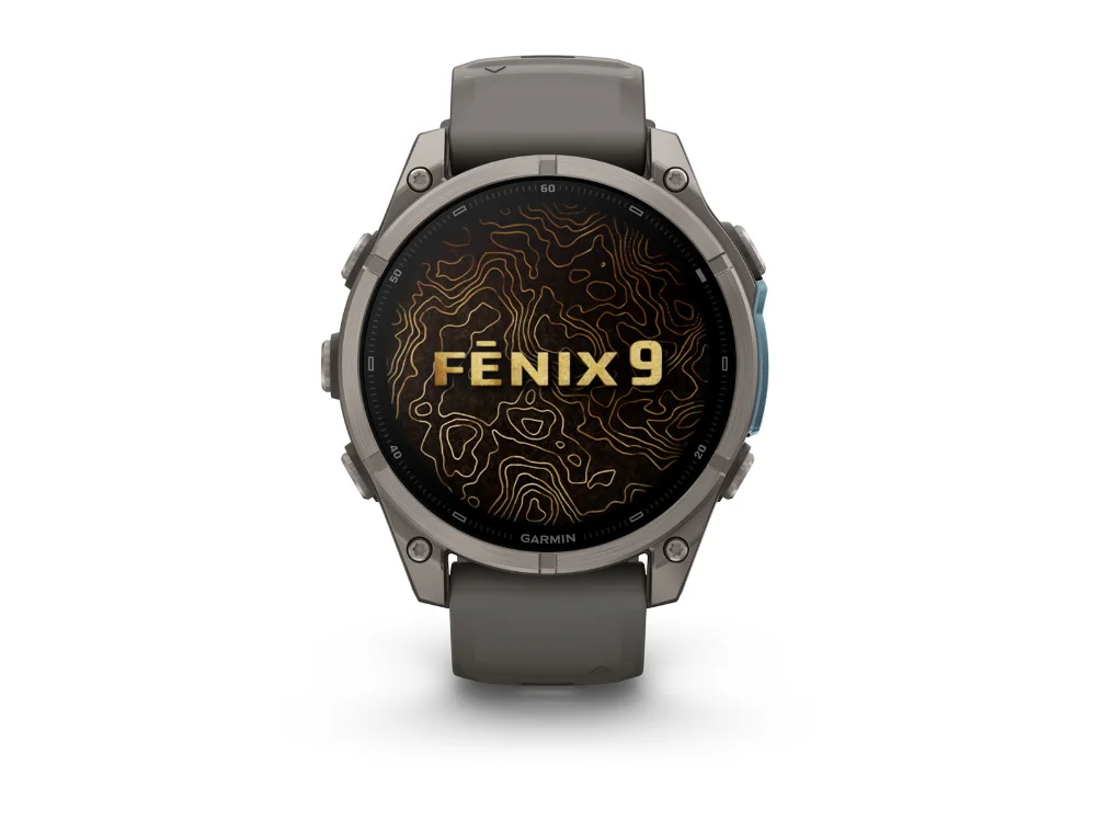Garmin Fenix 9 47 mm, титан, серый силиконовый ремешок — вид спереди