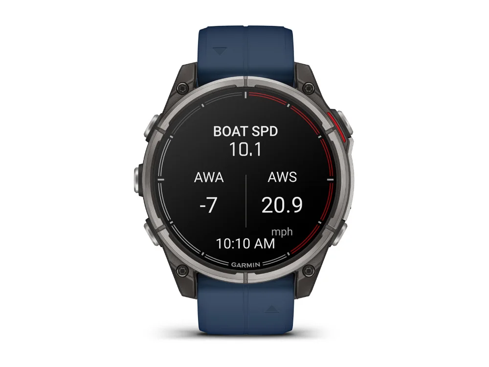 Garmin Quatix 8 AMOLED 47 mm, титан, синий силиконовый ремешок — вид спереди, другой экран