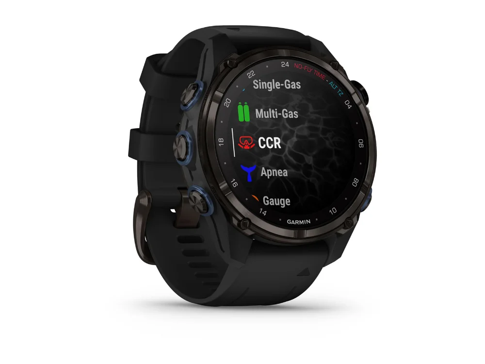 Garmin Descent Mk3i 43 mm, карбоново-серый титан, чёрный силиконовый ремешок — вид сбоку