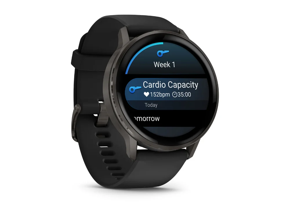 Garmin Venu 4 45 mm, тёмно-серый, чёрный силиконовый ремешок — вид сбоку
