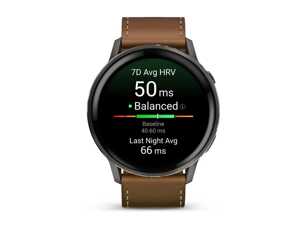 Garmin Venu 4 45 mm, тёмно-серый, чёрный силиконовый и коричневый кожаный ремешки — вид спереди