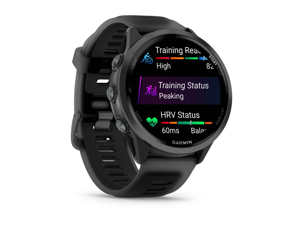 Garmin Forerunner 570 47 mm, тёмно-серый алюминий, чёрный силиконовый ремешок — вид сбоку
