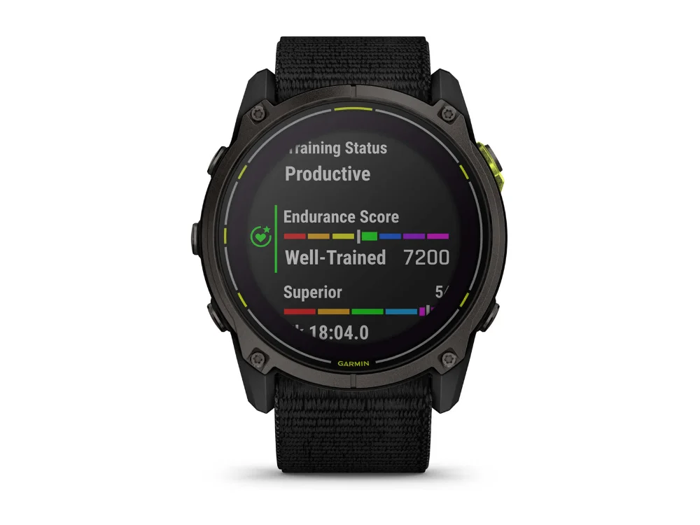 Garmin Enduro 3, карбоново-серый титан, чёрный нейлоновый ремешок — вид спереди, другой экран