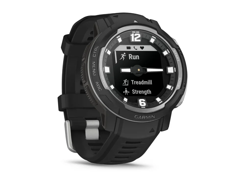 Garmin Instinct Crossover Standard Edition, чёрный, чёрный силиконовый ремешок — вид сбоку