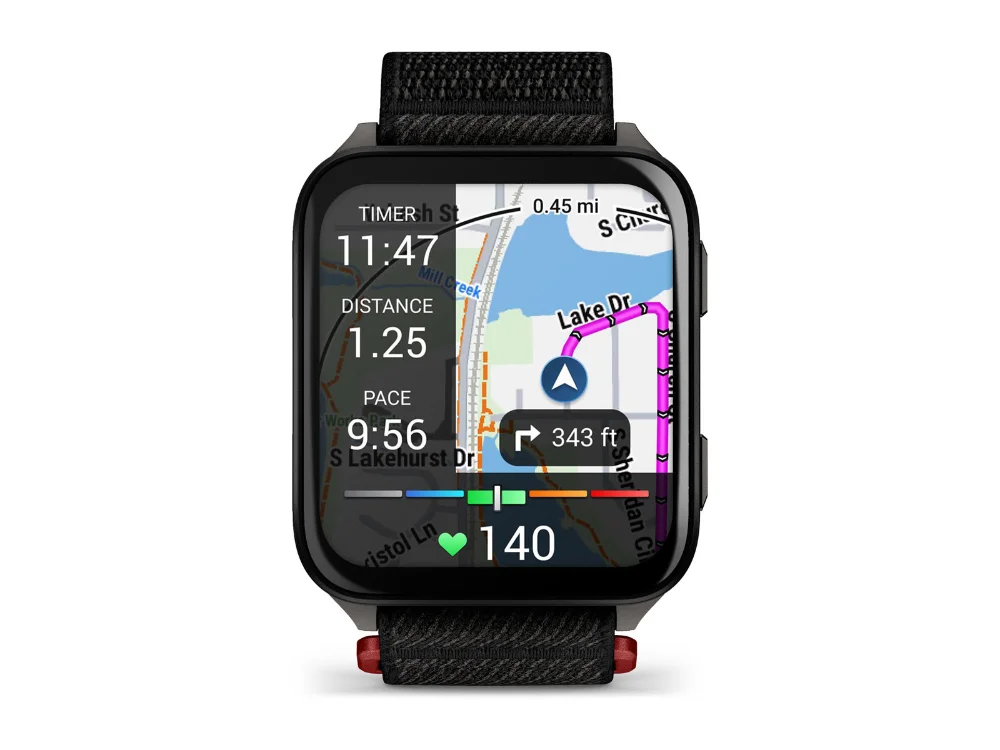 Garmin Venu X1, чёрный, чёрный нейлоновый ремешок — вид спереди