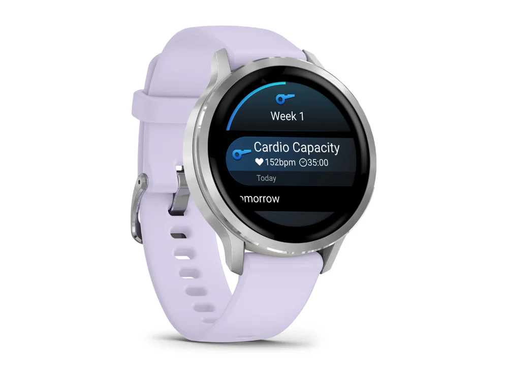 Garmin Venu 4 41 mm, серебристый, сиренево-голубой силиконовый ремешок — вид сбоку