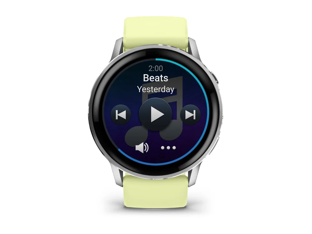 Garmin Venu 4 45 mm, серебристый, лимонный силиконовый ремешок — вид спереди, другой экран