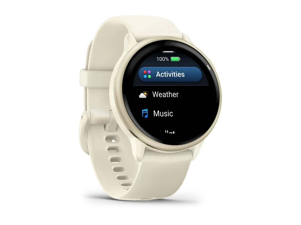 Garmin Vivoactive 6, лунное золото, бежевый силиконовый ремешок — вид сбоку