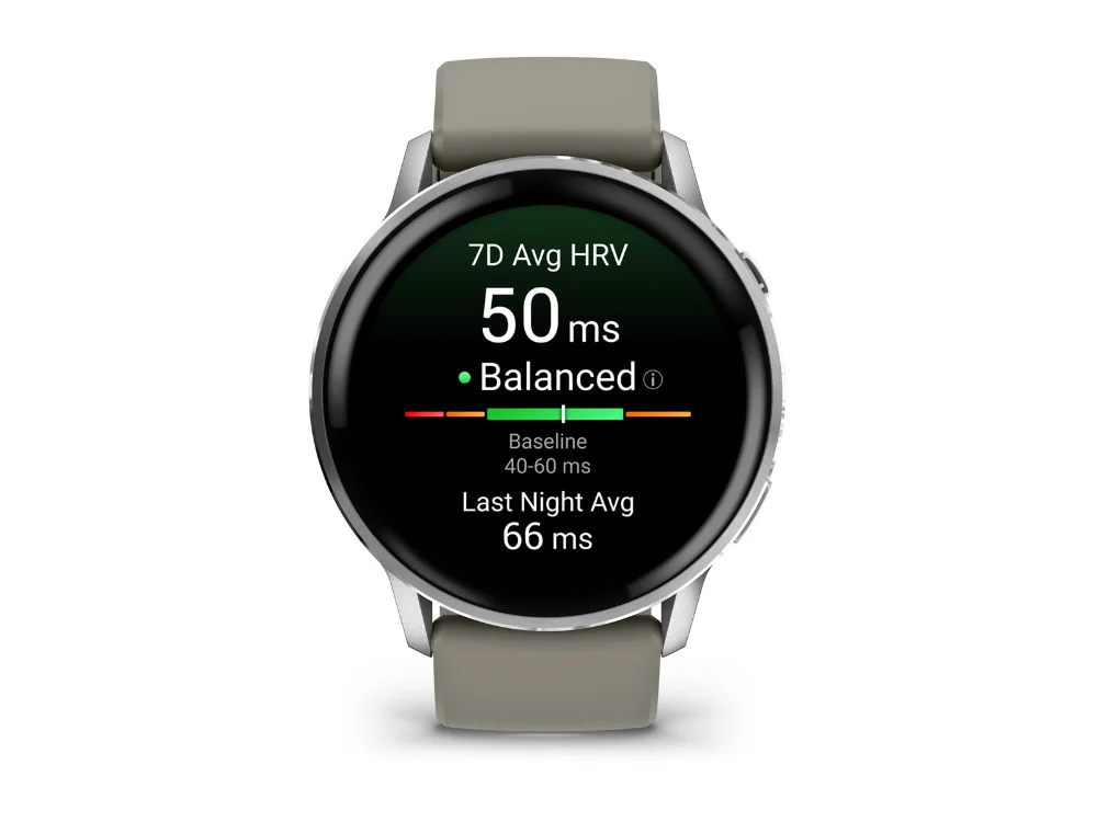 Garmin Venu 4 45 mm, серебристый, серый силиконовый ремешок — вид спереди