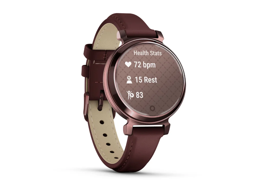 Garmin Lily 2 Classic, тёмная бронза, бордовый кожаный ремешок — вид сбоку