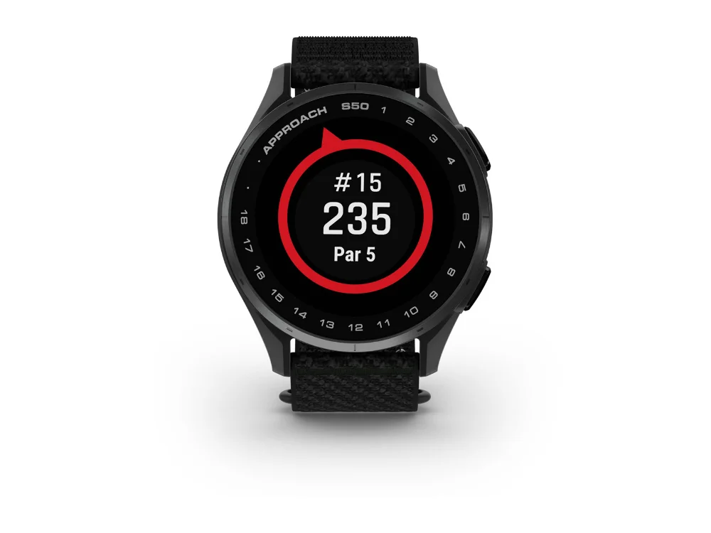Garmin Approach S50, тёмно-серый алюминий, чёрный нейлоновый ремешок — вид спереди, другой экран