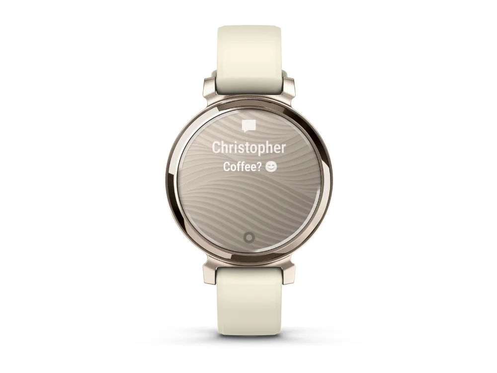 Garmin Lily 2, кремовое золото, молочный силиконовый ремешок — вид спереди, другой экран
