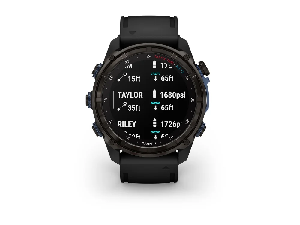 Garmin Descent Mk3i 51 mm, карбоново-серый титан, чёрный силиконовый ремешок — вид спереди, другой экран