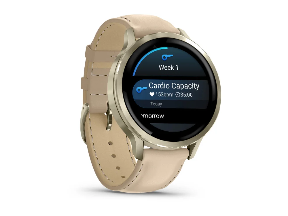 Garmin Venu 4 41 mm, лунное золото, бежевый силиконовый и песочный кожаный ремешки — вид сбоку