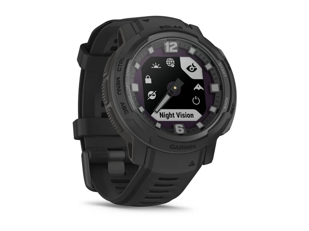 Garmin Instinct Crossover Solar Tactical Edition, чёрный, чёрный силиконовый ремешок — вид сбоку