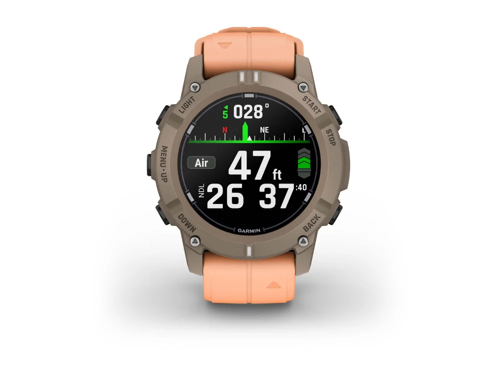 Garmin Descent G2, серо-бежевый, розовый силиконовый ремешок — вид спереди