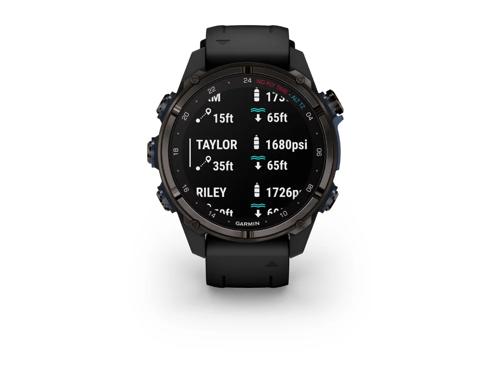 Garmin Descent Mk3i 43 mm, карбоново-серый титан, чёрный силиконовый ремешок — вид спереди, другой экран