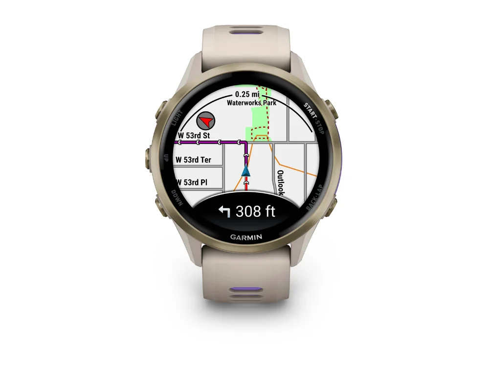 Garmin Forerunner 970, серый с золотистым безелем, серый/индиго силиконовый ремешок — вид спереди