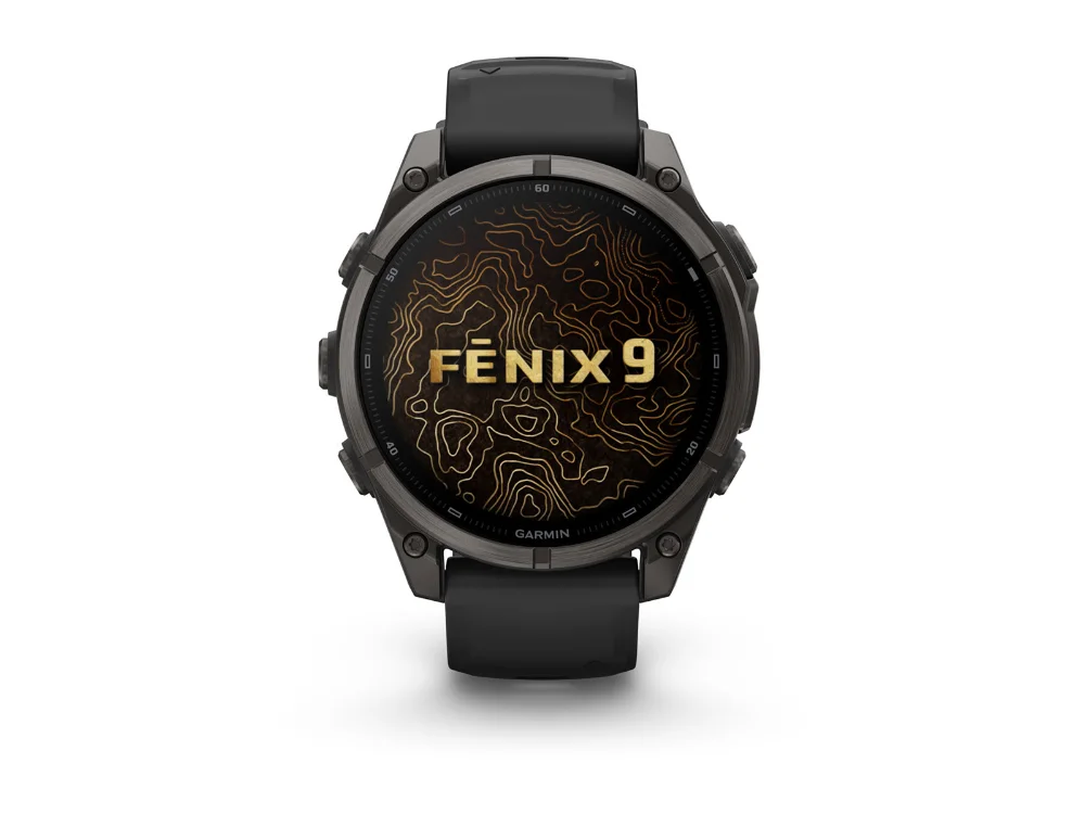 Garmin Fenix 9 47 mm, карбоново-серый титан, чёрный силиконовый ремешок — вид спереди