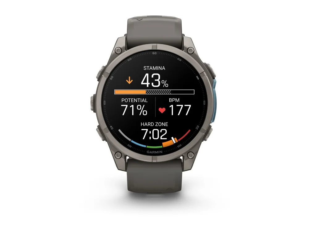 Garmin Fenix 9 47 mm, титан, серый силиконовый ремешок — вид спереди, другой экран