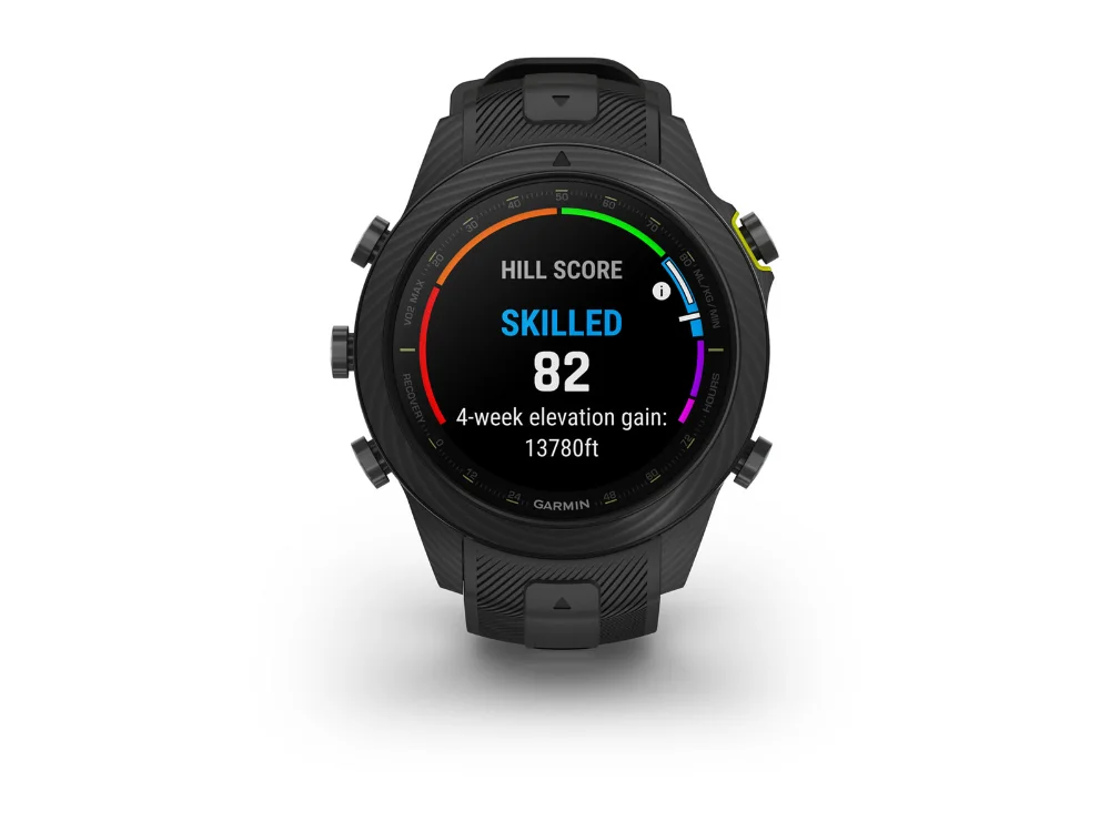 Garmin MARQ Athlete (Gen 2) Carbon Edition, чёрный карбон, чёрный силиконовый ремешок — вид спереди, другой экран