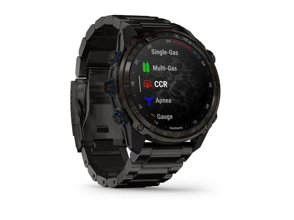 Garmin Descent Mk3i 51 mm, карбоново-серый титан, титановый браслет и чёрный силиконовый ремешок — вид сбоку