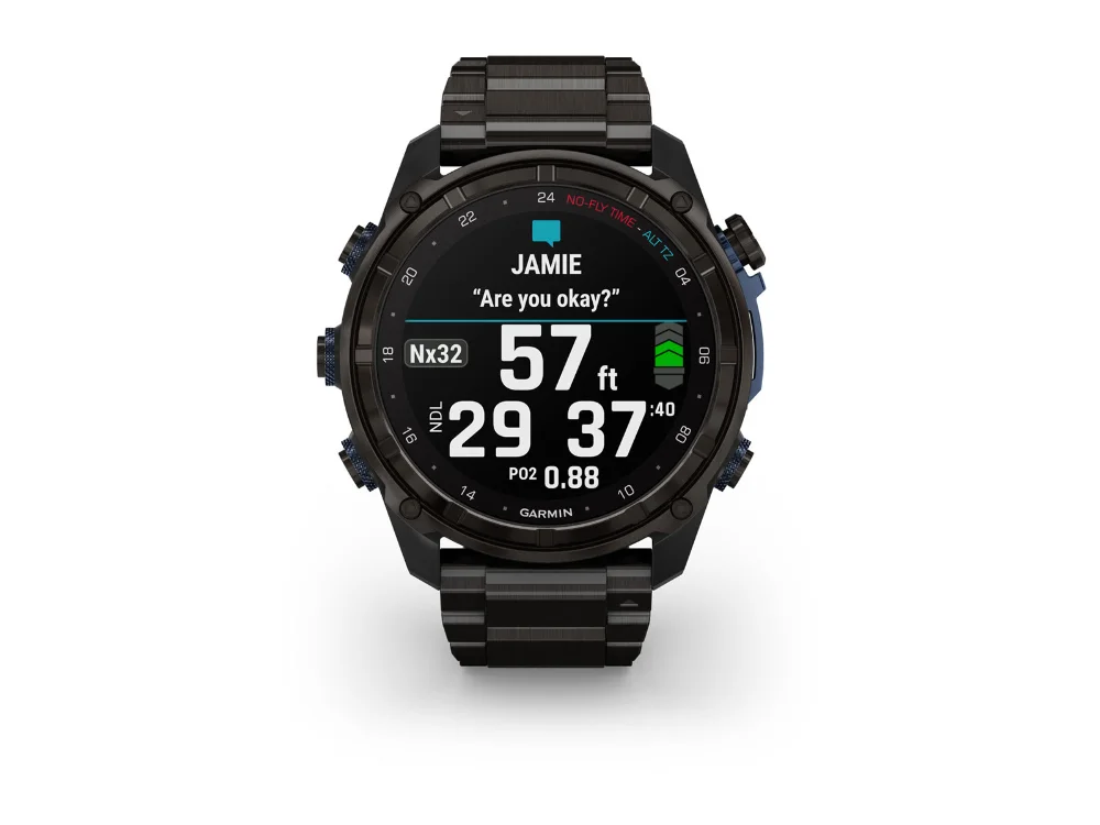 Garmin Descent Mk3i 51 mm, карбоново-серый титан, титановый браслет и чёрный силиконовый ремешок — вид спереди