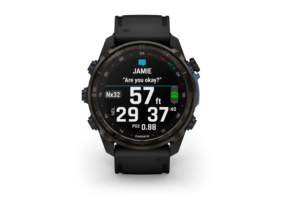 Garmin Descent Mk3i 51 mm, карбоново-серый титан, чёрный силиконовый ремешок — вид спереди