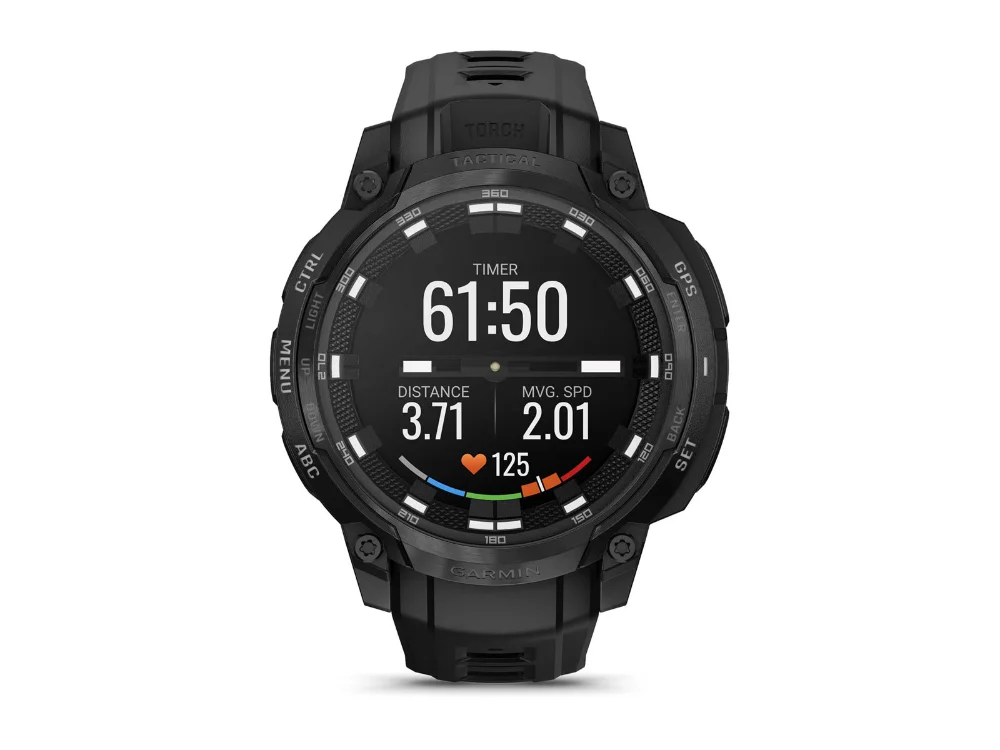 Garmin Instinct Crossover AMOLED Tactical Edition, чёрный, чёрный силиконовый ремешок — вид спереди, другой экран