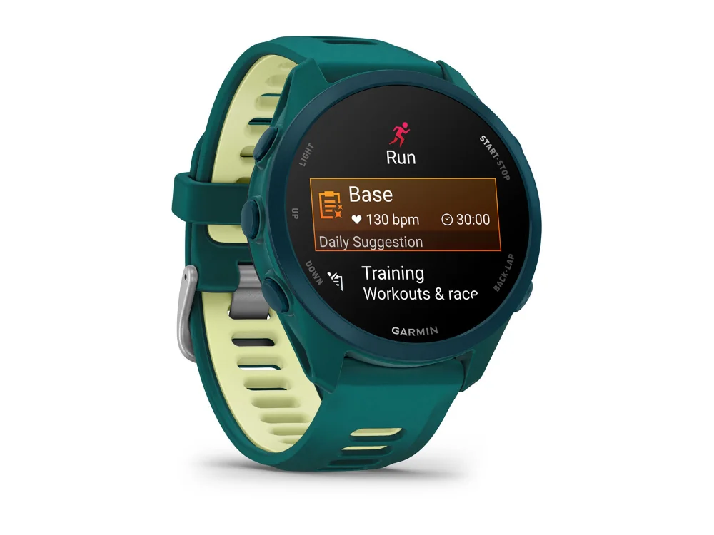 Garmin Forerunner 170 Music, бирюзово-зелёный, бирюзовый/лимонный силиконовый ремешок — вид сбоку