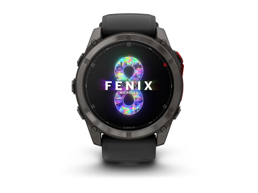 Garmin Fenix 8 Pro MicroLED 51 mm, карбоново-серый титан, чёрный/серый силиконовый ремешок — вид спереди