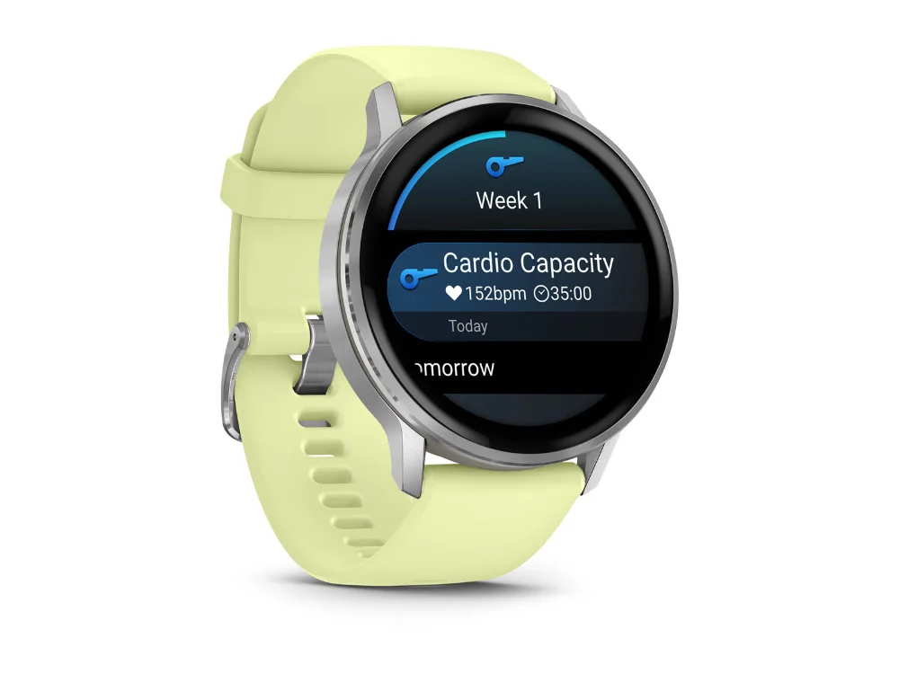 Garmin Venu 4 45 mm, серебристый, лимонный силиконовый ремешок — вид сбоку