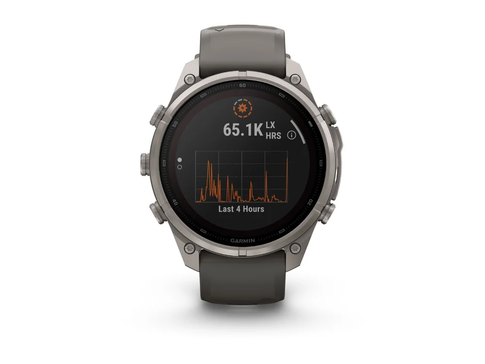Garmin Fenix 9 Pro inReach Solar 47 mm, титан, серый силиконовый ремешок — вид спереди, другой экран