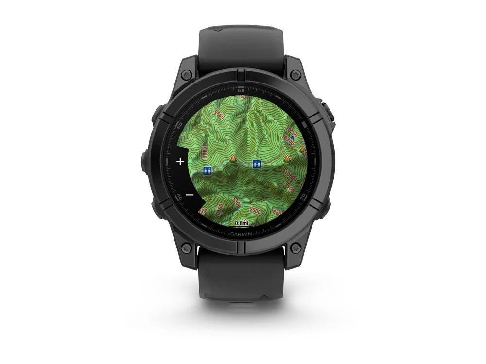 Garmin Fenix E AMOLED 47 mm, тёмно-серый, чёрный силиконовый ремешок — вид спереди, другой экран
